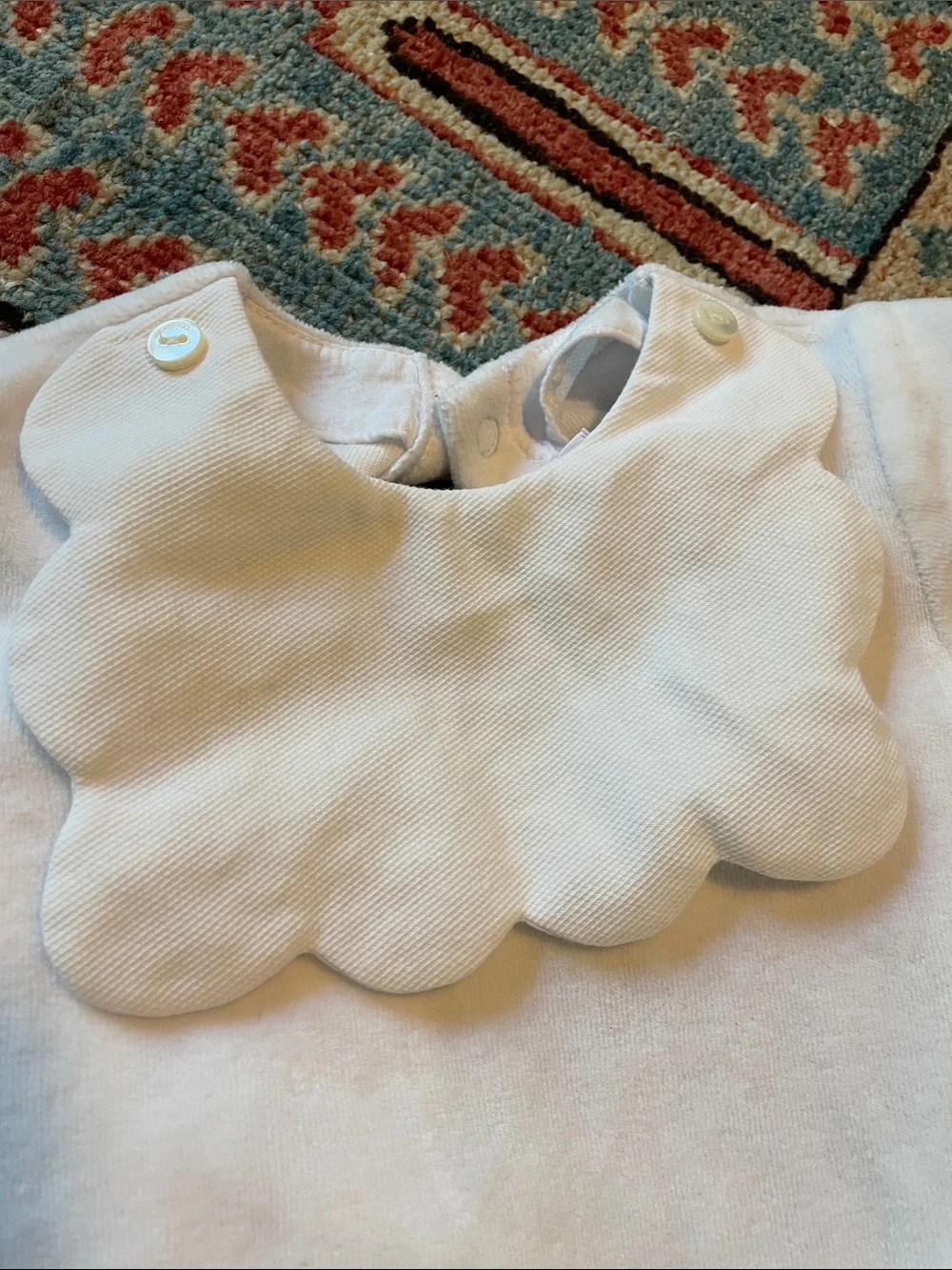 Jacadi Baby White VelourOnesie with Scalloped Bib